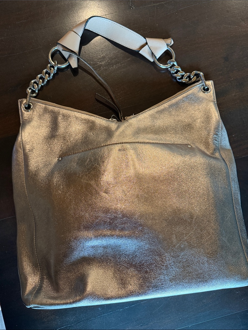 Jimmy Choo Metallic Pewter Large Hobo Bag with Chain Strap